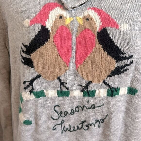 Talbots Christmas Sweater Birds Cowl Zip Lambswool Wool Gray Large Petite LP - Picture 4 of 4